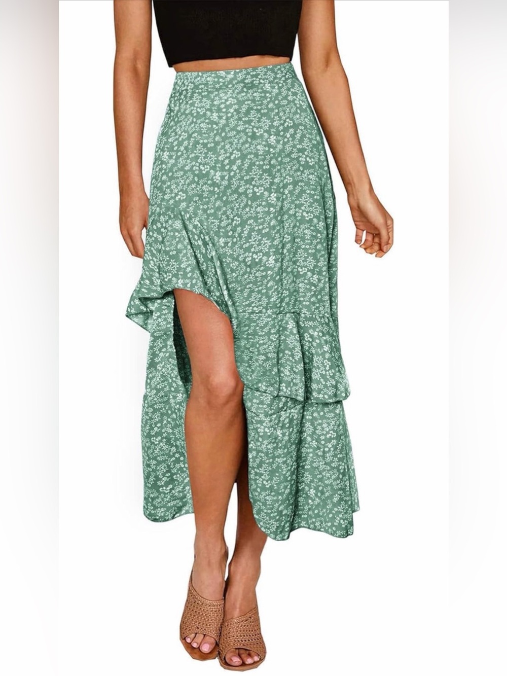 NWT BTFBM Boho Floral Elastic Waist Split Ruffle High Low Beach Maxi Skirt
